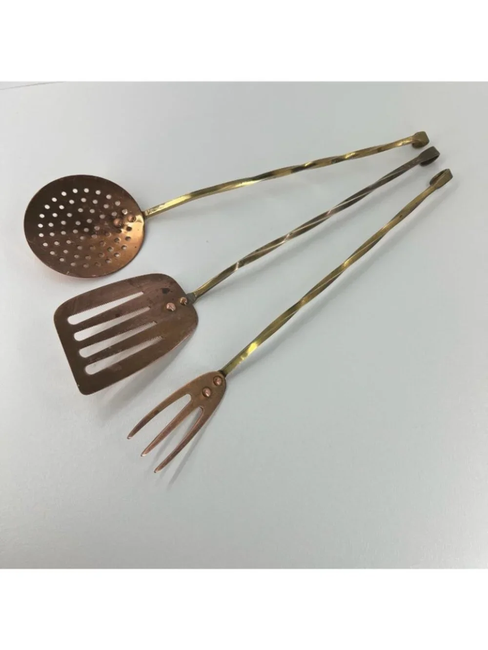 Vintage Copper Brass Kitchen Utensils Set of 3 Long Handle Spatula Fork Skimmer